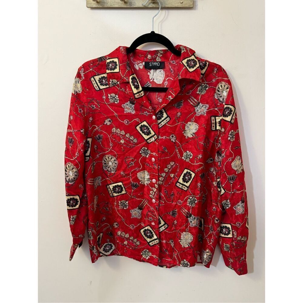 Vintage Studio Red Satiny Ornate Chain and Jewel Print Button Down Blouse M/L